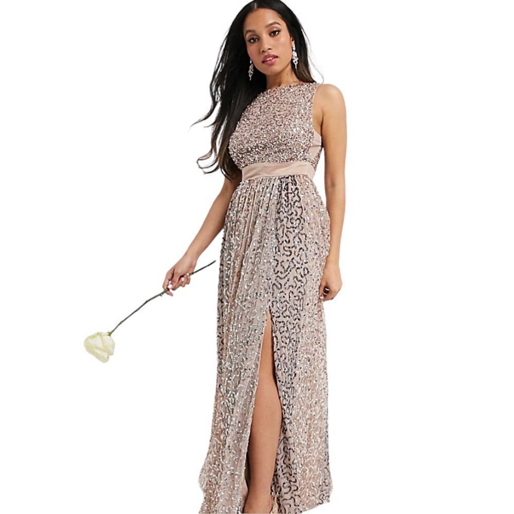 Maya Deluxe All Over Contrast Tonal Metallic Sequin Full Length Gown US 2